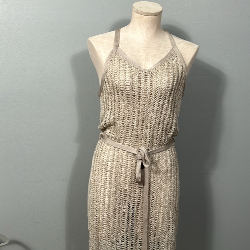 Free People Crochet Mesh Beige See Through Belted Side Slit beach dress XS